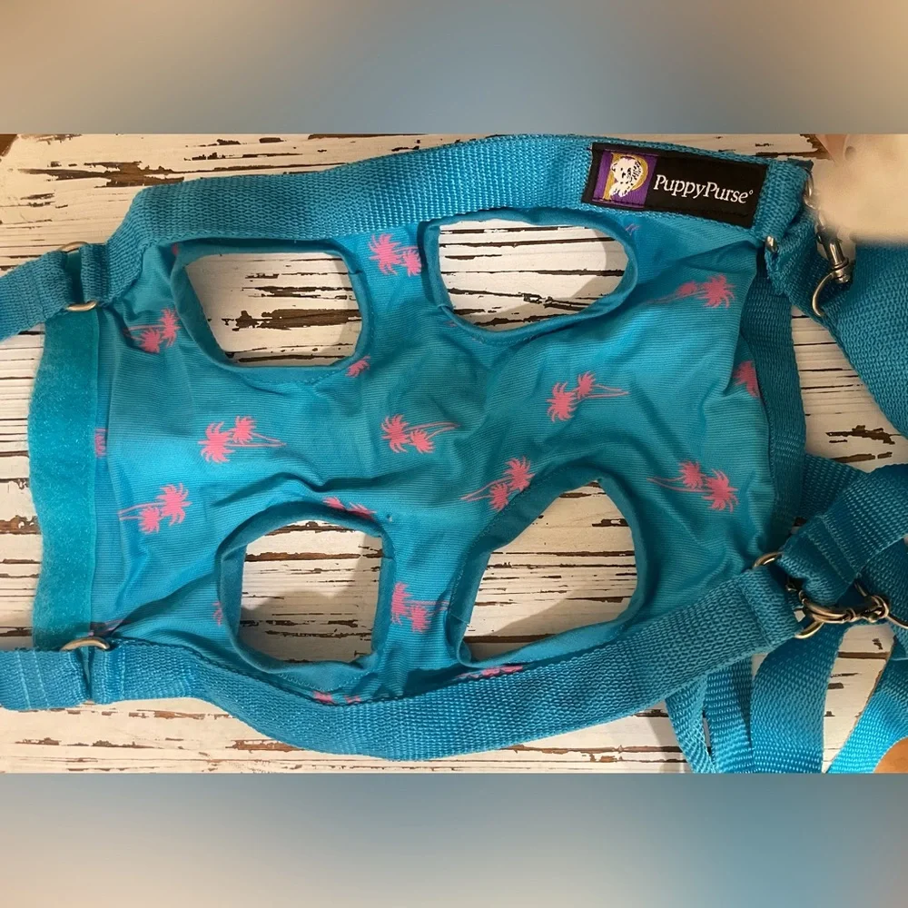 Turquoise and Pink Palm Trees Puppy Purse and Harness Medium